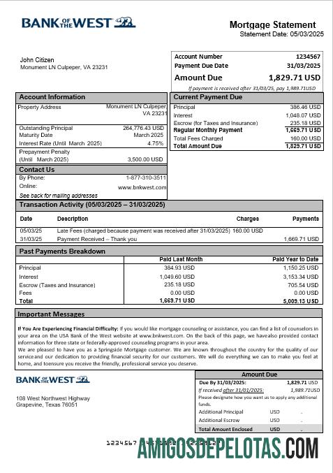 Declaração de hipoteca do Banco da Cisjordânia dos EUA em formatos Word e PDF amostra